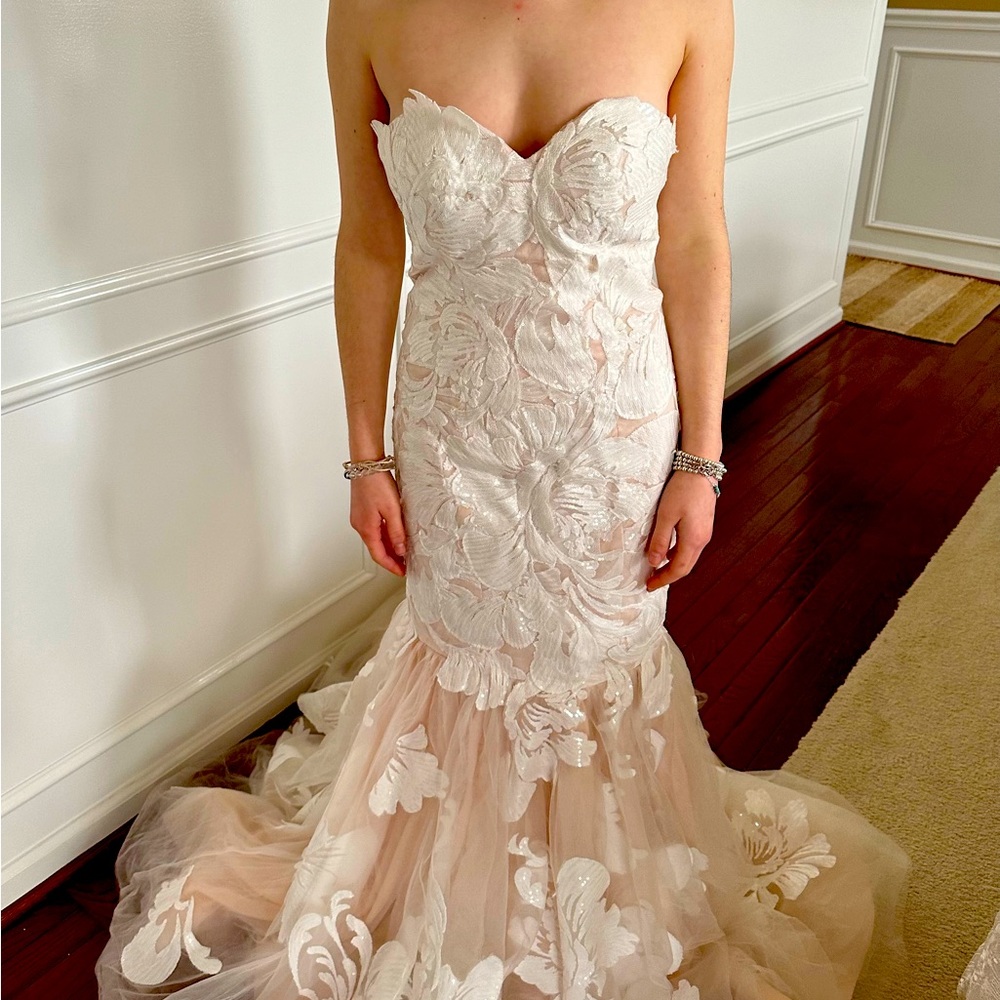 Jovani strapless ivory dress. Sequin flowers, Blush lining. Rare find.